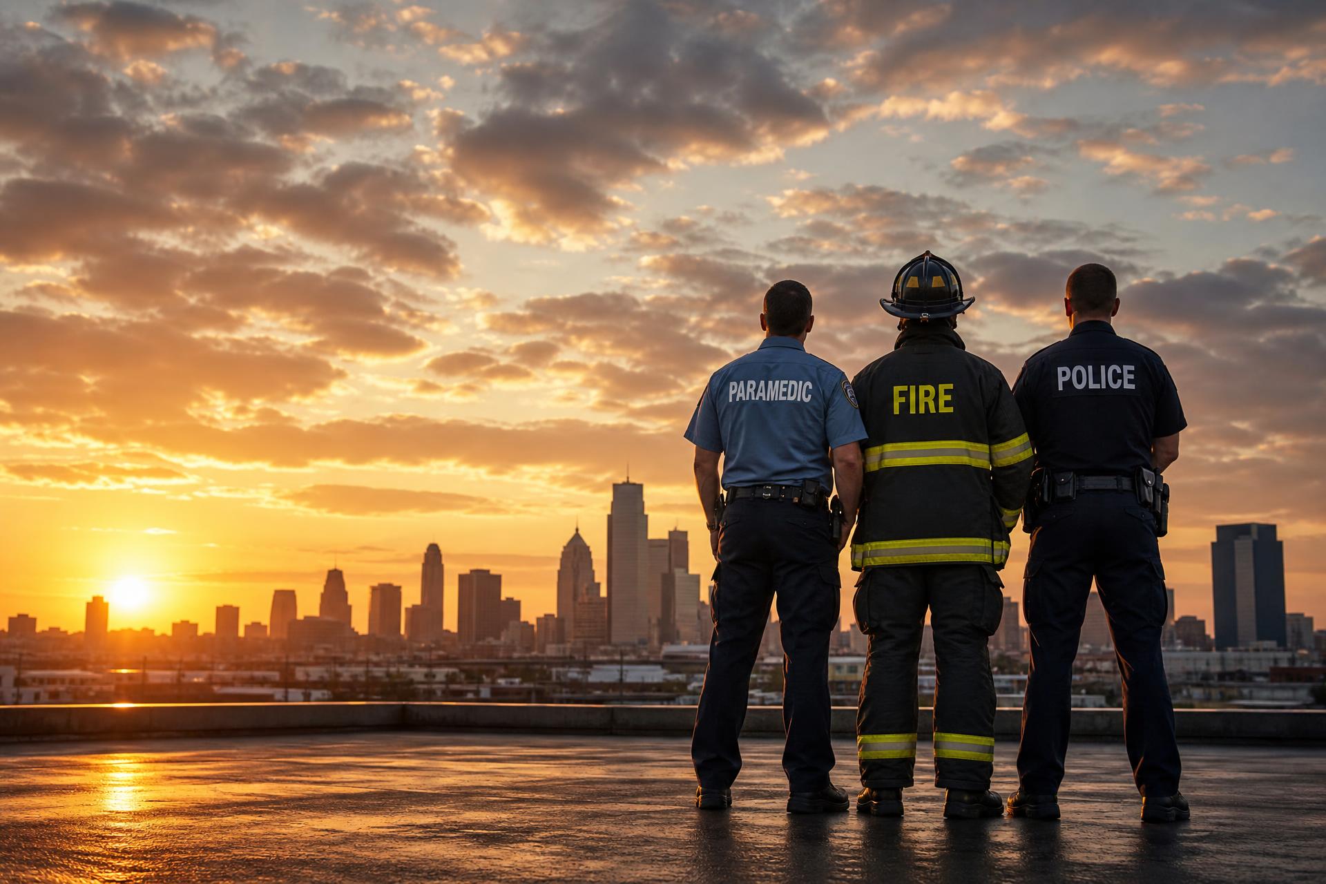 First responders standing together at sunrise