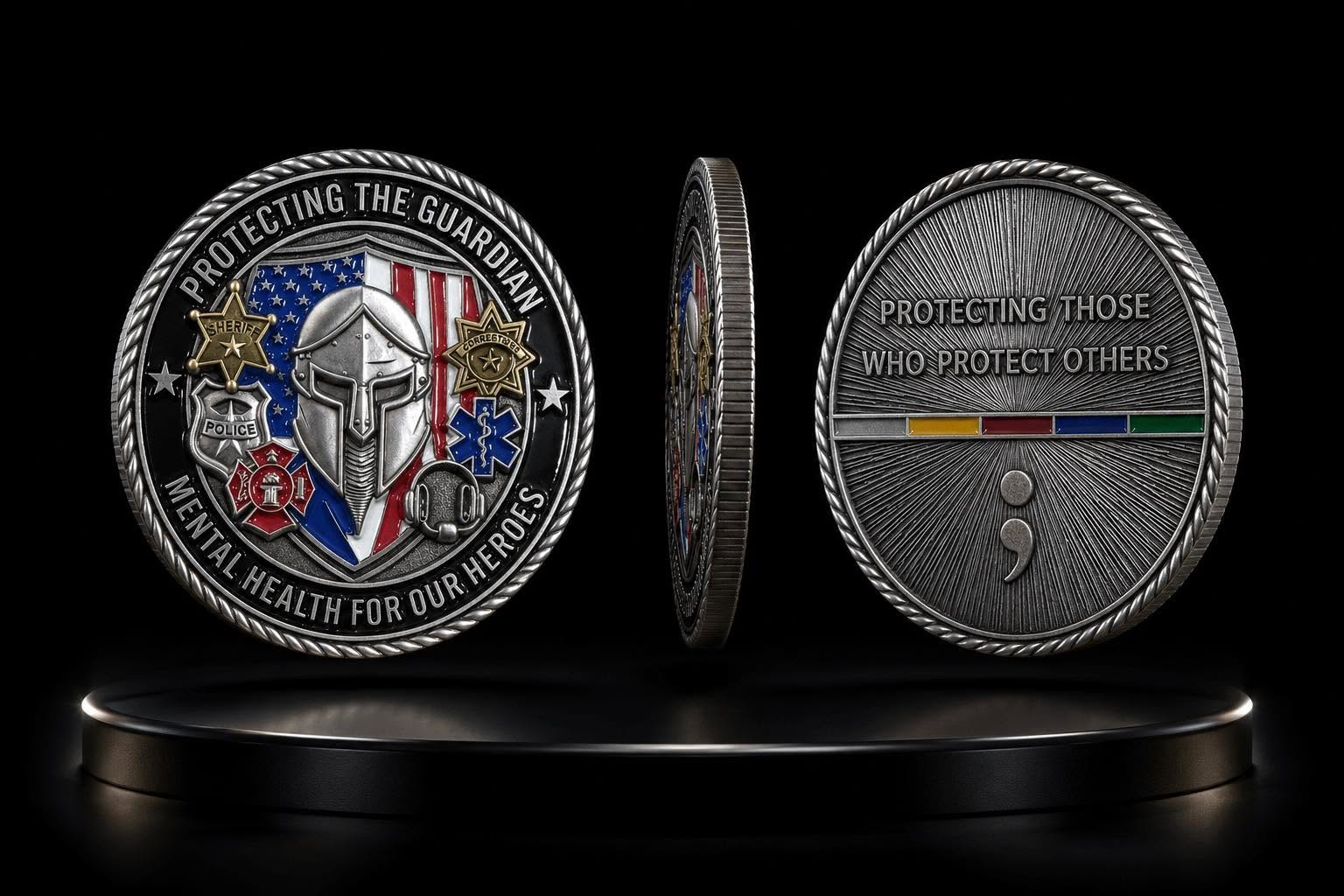 Protecting The Guardian challenge coin — front, edge, and back views